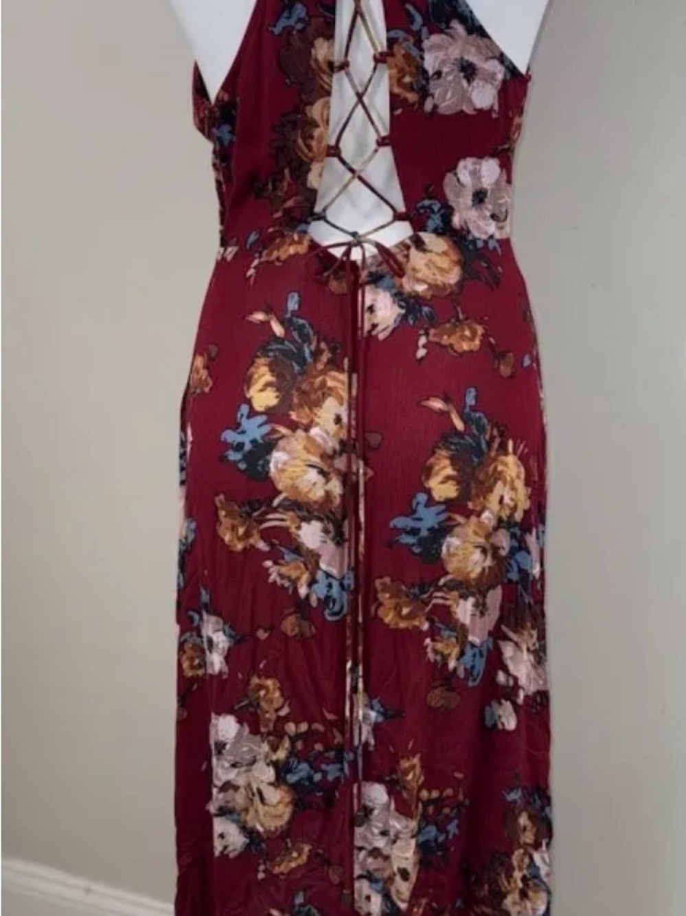 Women's Burgundy Floral Lace-Up Back Maxi Dress